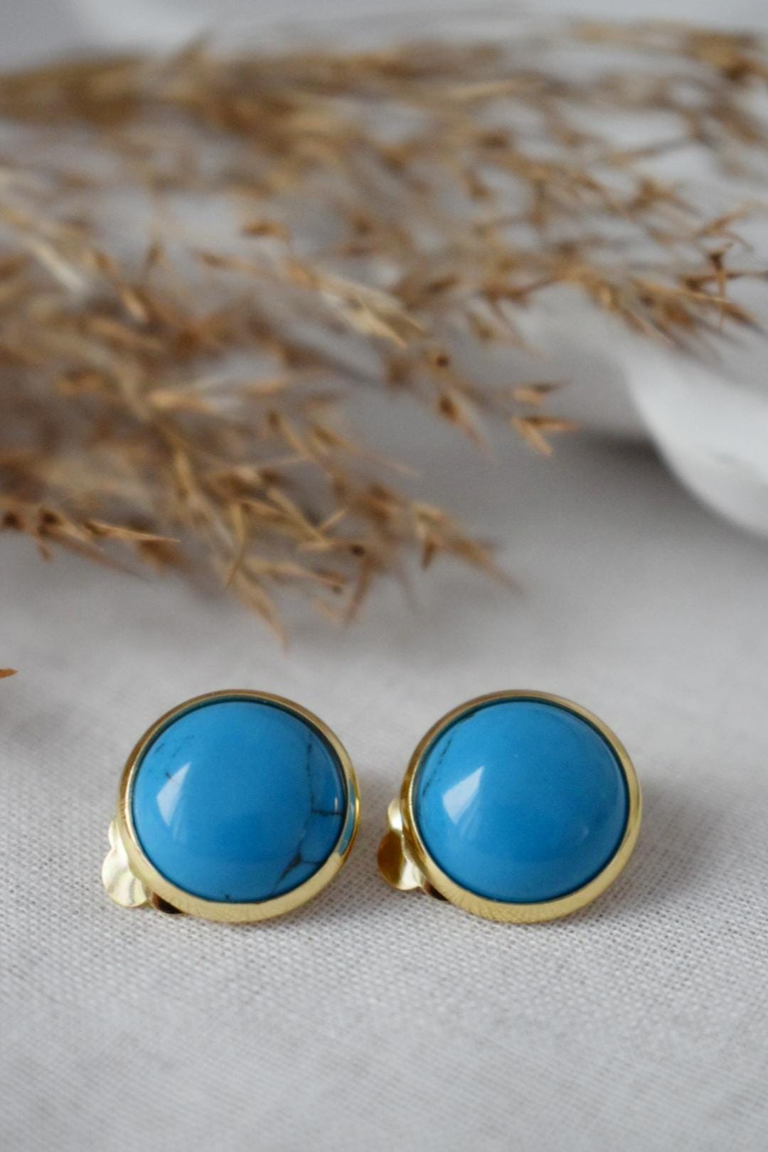 Turquoise clip on earrings, Blue gemstone ear clips, Turquoise jewelry, Non pierced earrings, No hole earrings, Handmade jewelry gift