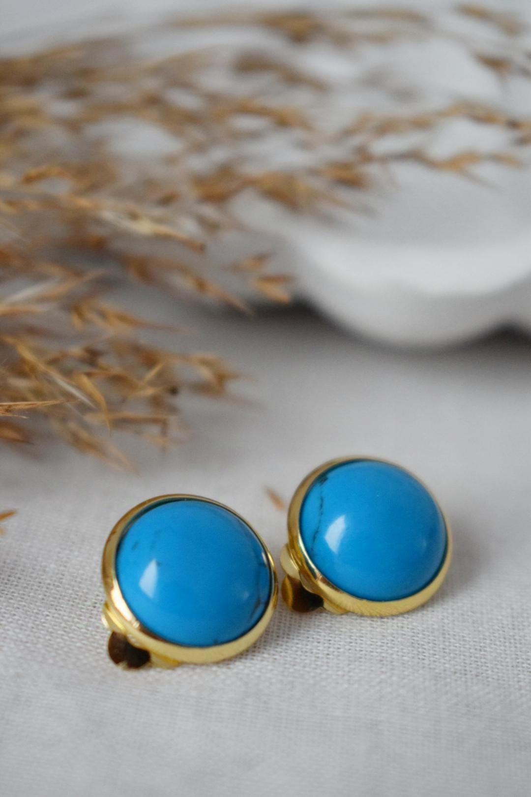 Turquoise clip on earrings, Blue gemstone ear clips, Turquoise jewelry, Non pierced earrings, No hole earrings, Handmade jewelry gift