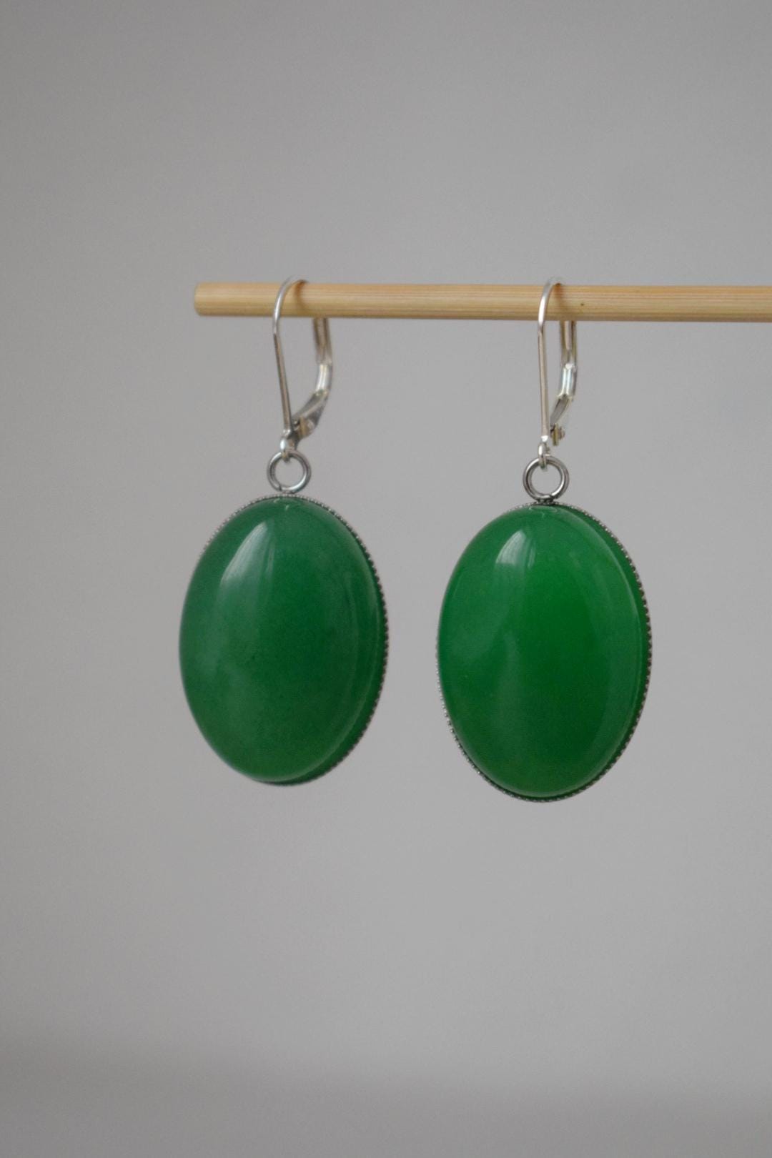 Green jade huggie earrings, Sterling silver hoops, Gemstone dangle drop earrings, Long earrings, Statement Jewelry, Gift for women