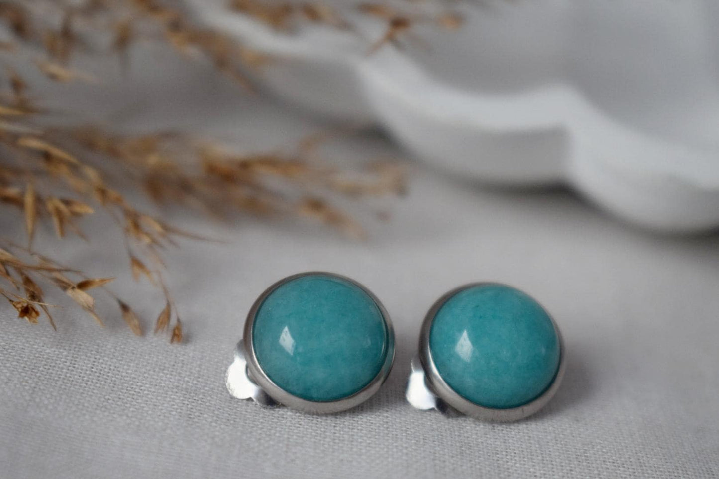 Clip on earrings Jade Turquoise, Non pierced gemstone ear clips for women, Surgical stainless steel, No hole, Handmade jewelry, Gift for her