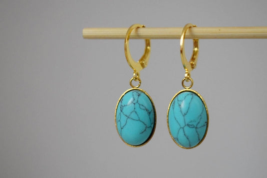 Turquoise Huggie Hoop Earrings, Oval Blue Gemstone Hangings, Boho Dangle Lightweight Earrings, Unique Minimalist Jewelry, Best Gift For Her