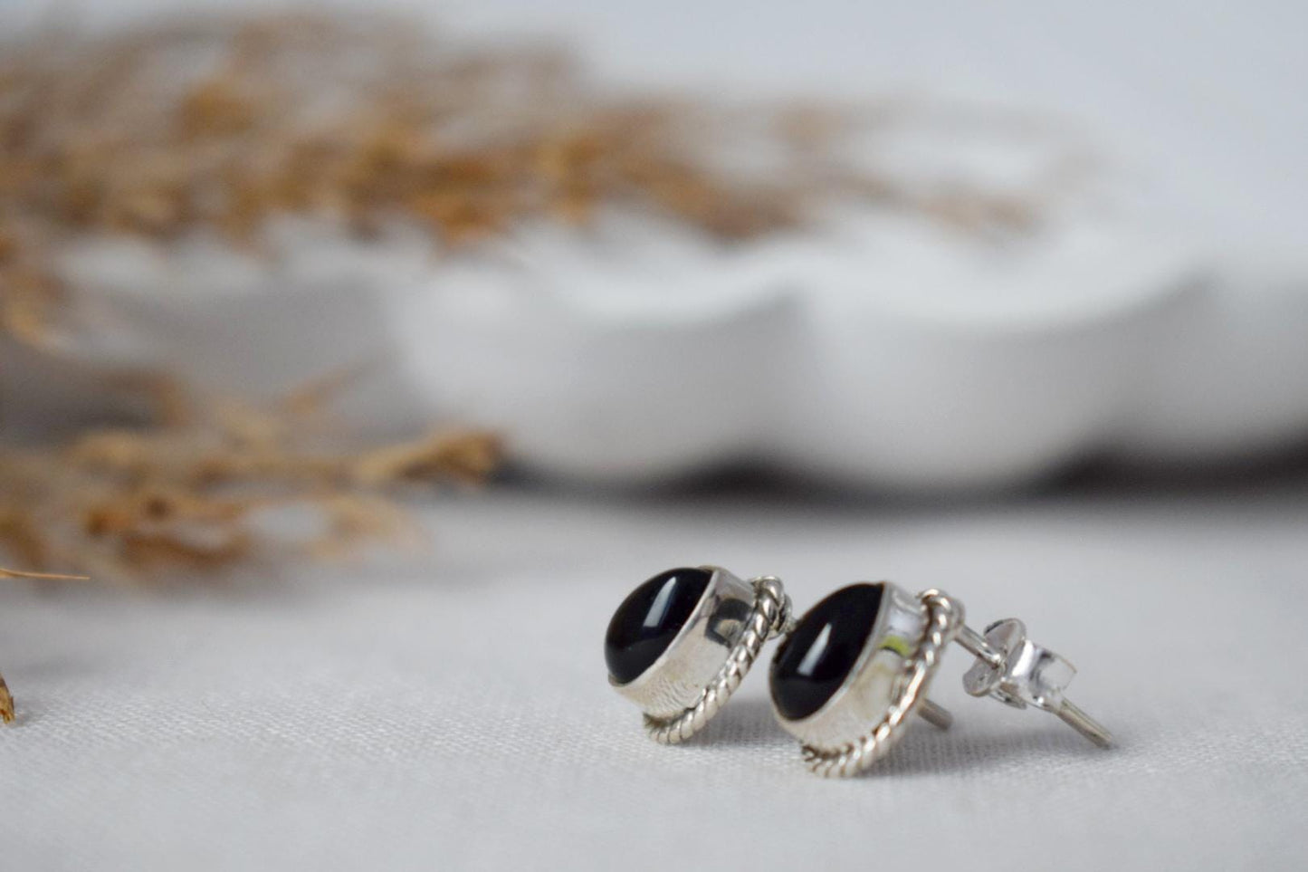 Small Boho Black Onyx Stud Earrings, Teardrop Natural Stone Sterling Silver Jewelry, Gemstone Studs, Best Handmade Gift, Unisex Earrings