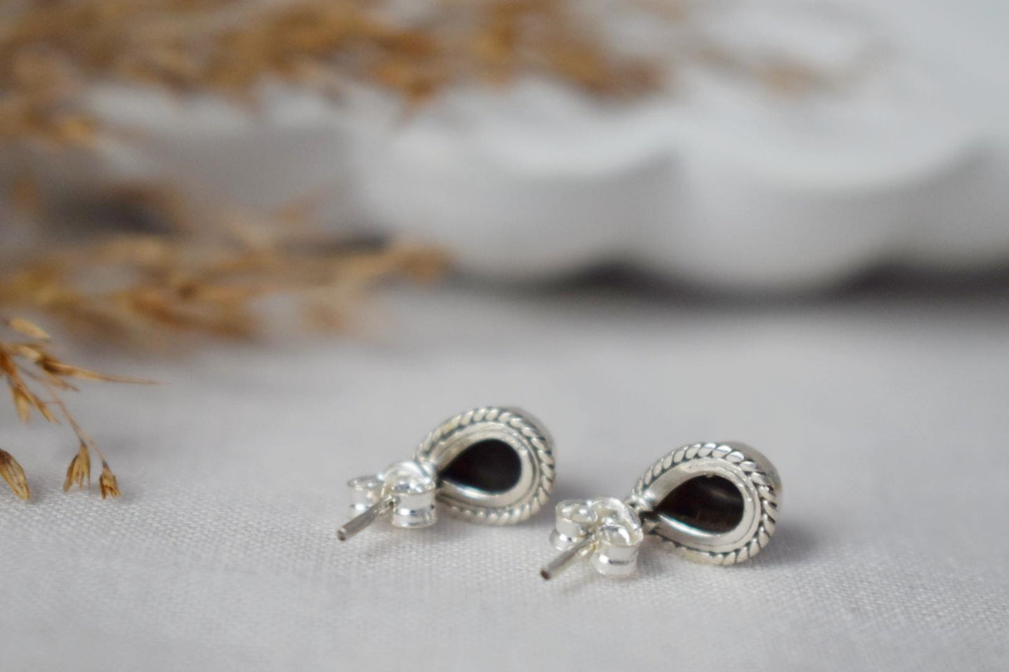Small Boho Black Onyx Stud Earrings, Teardrop Natural Stone Sterling Silver Jewelry, Gemstone Studs, Best Handmade Gift, Unisex Earrings