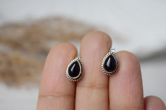 Small Boho Black Onyx Stud Earrings, Teardrop Natural Stone Sterling Silver Jewelry, Gemstone Studs, Best Handmade Gift, Unisex Earrings