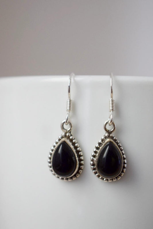 Black Onyx earrings sterling silver, Small teardrop gemstone dangle earrings, Boho chic gift, Handmade jewelry for her, Valentine's day gift