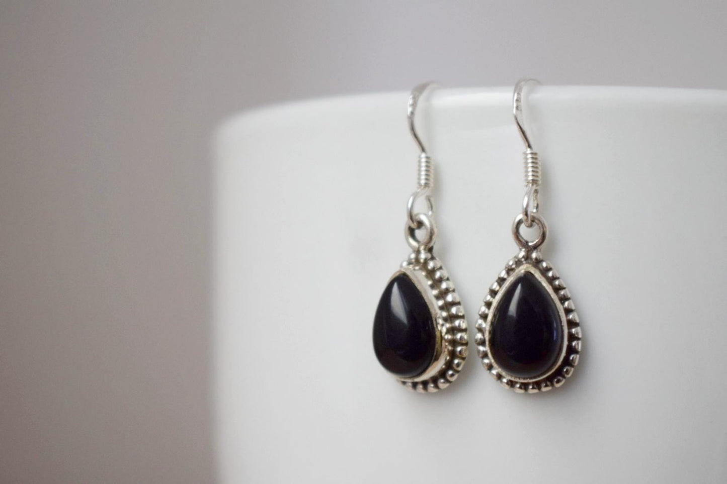 Black Onyx earrings sterling silver, Small teardrop gemstone dangle earrings, Boho chic gift, Handmade jewelry for her, Valentine's day gift