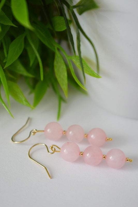 Rose quartz dangle earrings, Gemstone bridal earrings, 18k gold plated surgical stainless steel, Bridesmaid gift, Wedding Birthstone jewelry