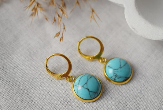 Turquoise earrings gold dangle, 24k Gold Plated Huggies, Round Gemstone Lever Back Hoop Earrings, Boho Jewelry, Gift For Her