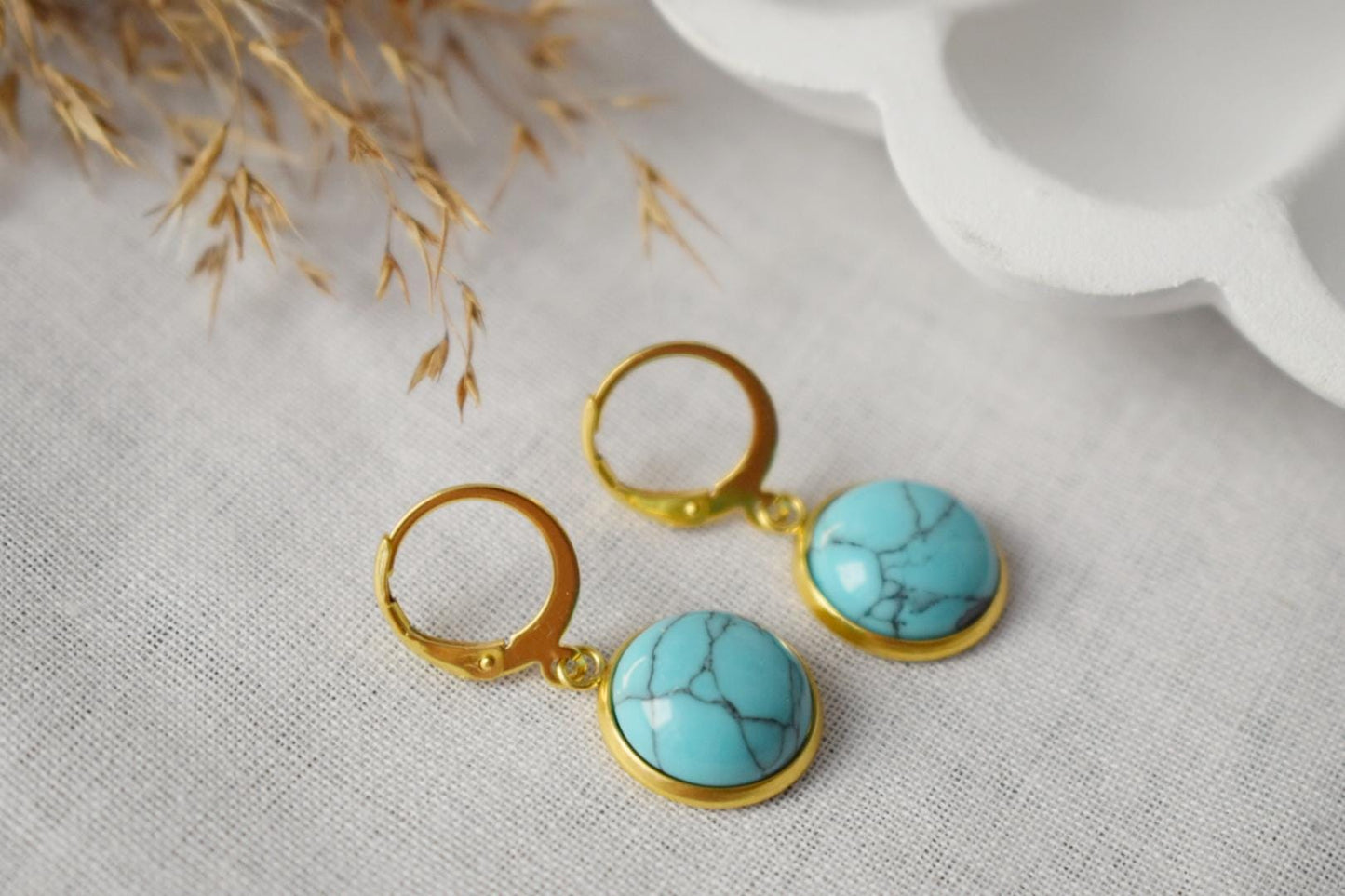 Turquoise earrings gold dangle, 24k Gold Plated Huggies, Round Gemstone Lever Back Hoop Earrings, Boho Jewelry, Gift For Her
