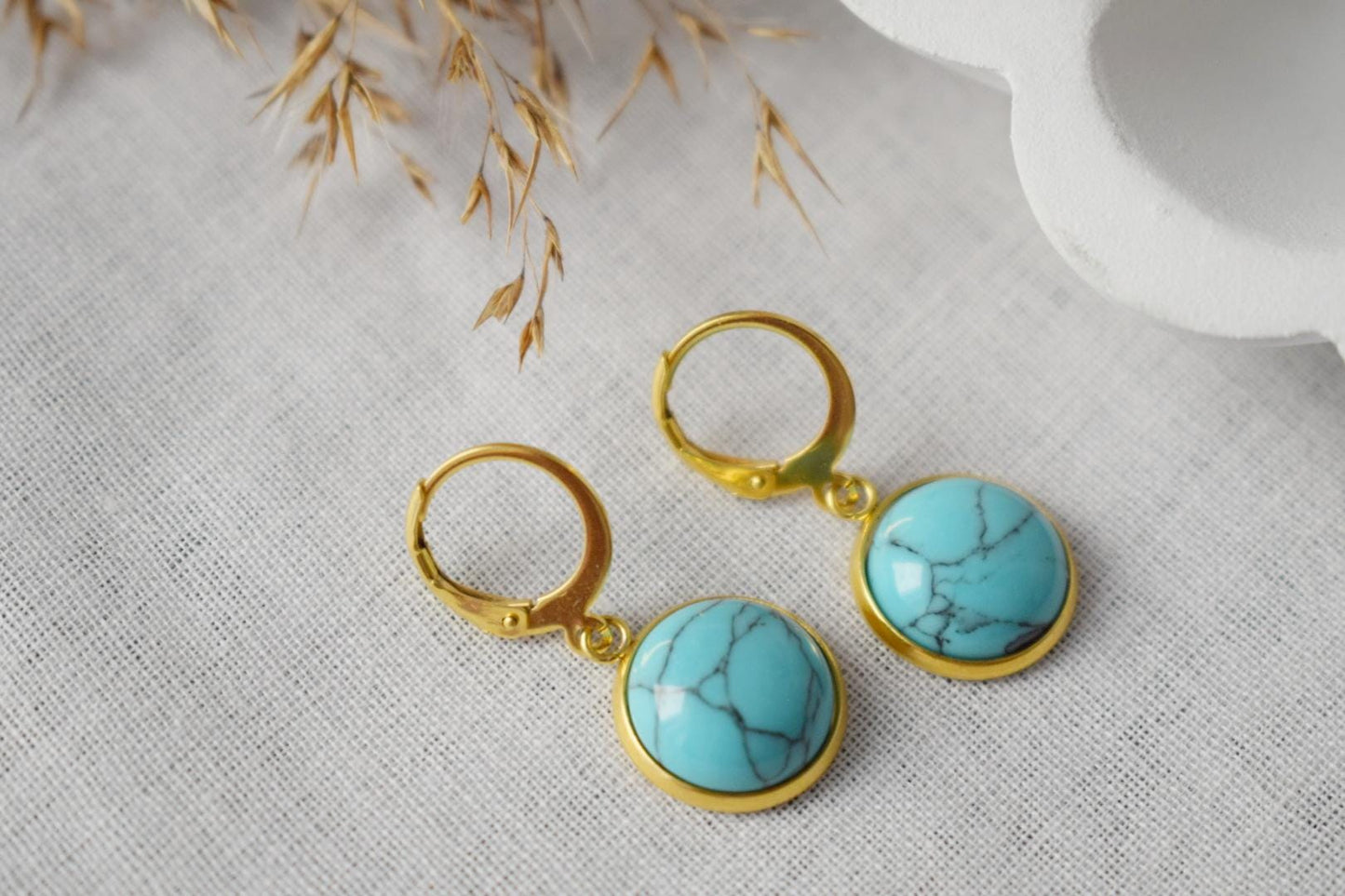 Turquoise earrings gold dangle, 24k Gold Plated Huggies, Round Gemstone Lever Back Hoop Earrings, Boho Jewelry, Gift For Her