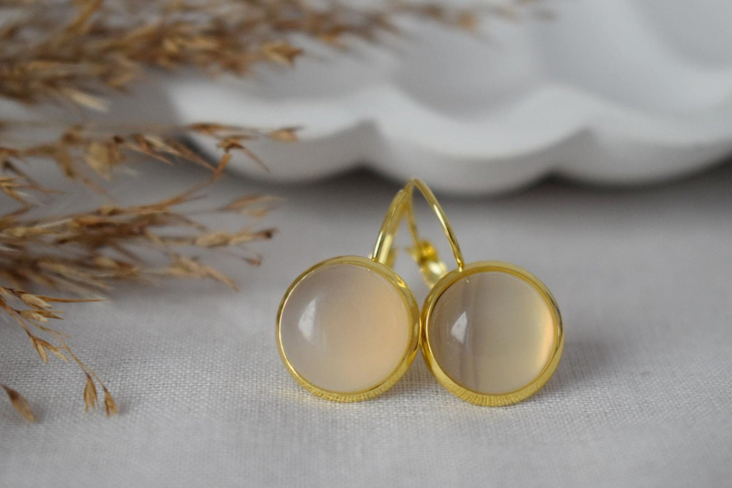Gray agate earrings, Gemstone dangle earrings, 18k gold plated stainless steel earrings, Handmade jewelry, Valentine's day gift for her