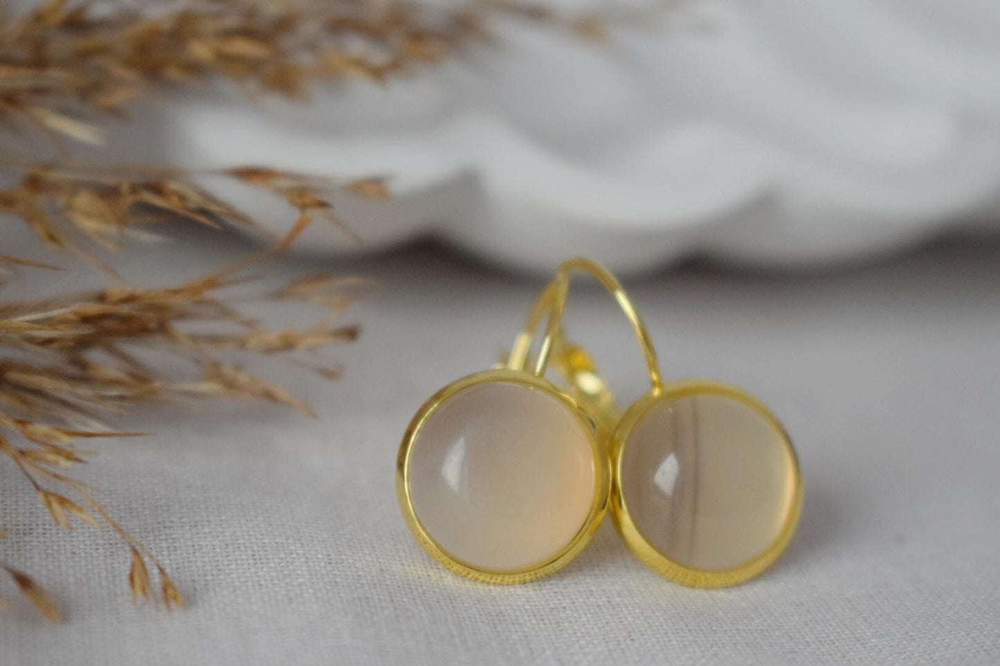 Gray agate earrings, Gemstone dangle earrings, 18k gold plated stainless steel earrings, Handmade jewelry, Valentine's day gift for her