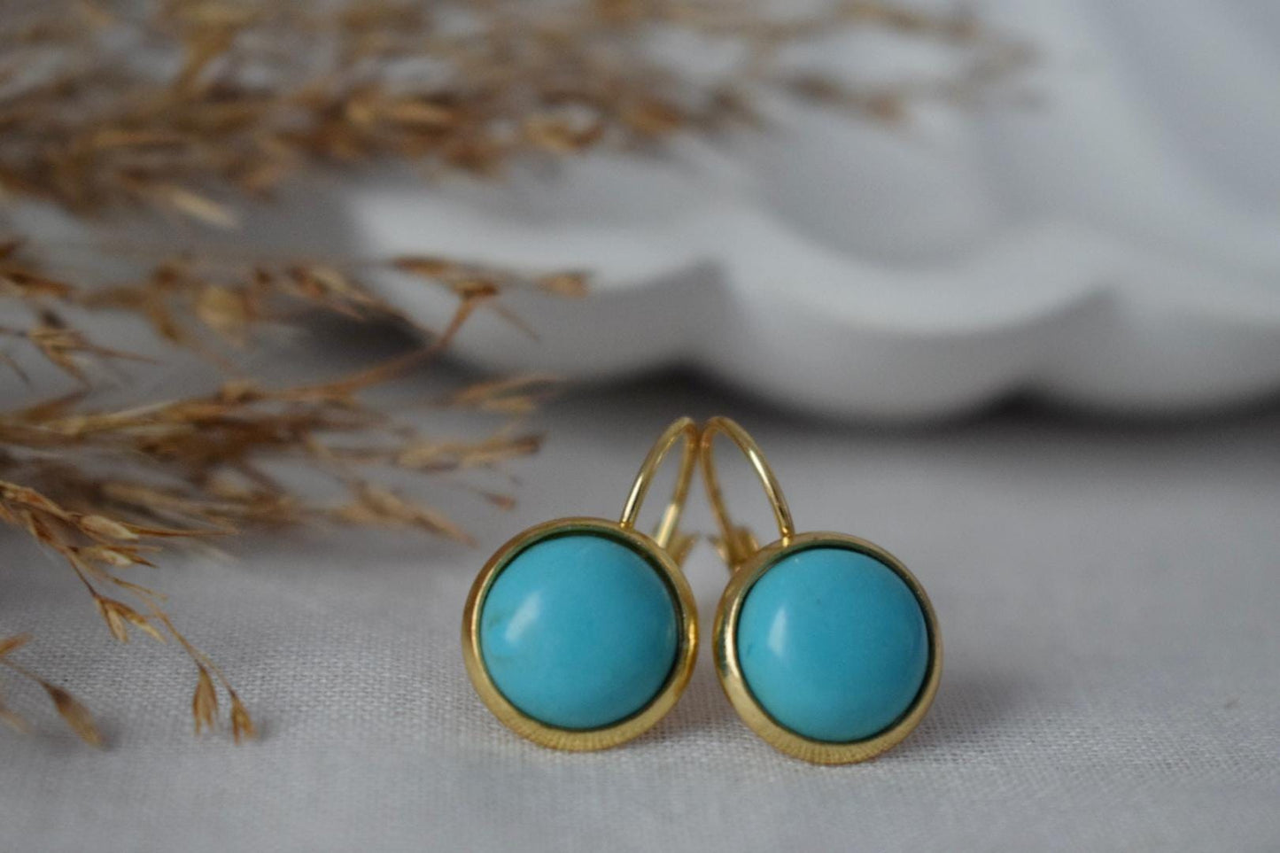 Turquoise earrings dangle, Round Blue Gemstone, 18k gold plated stainless steel, Lightweight earrings, Boho Jewelry women, Gift For Her