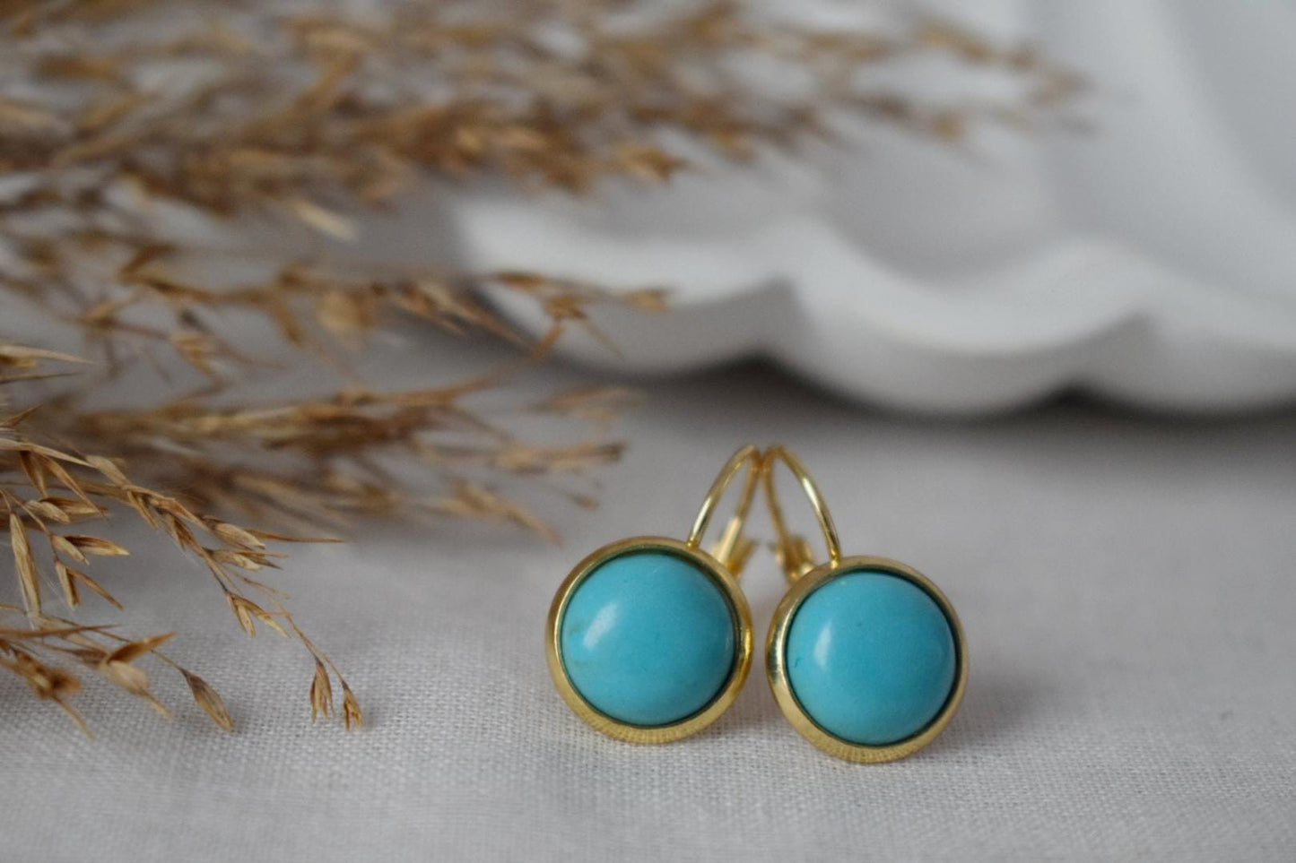 Turquoise earrings dangle, Round Blue Gemstone, 18k gold plated stainless steel, Lightweight earrings, Boho Jewelry women, Gift For Her