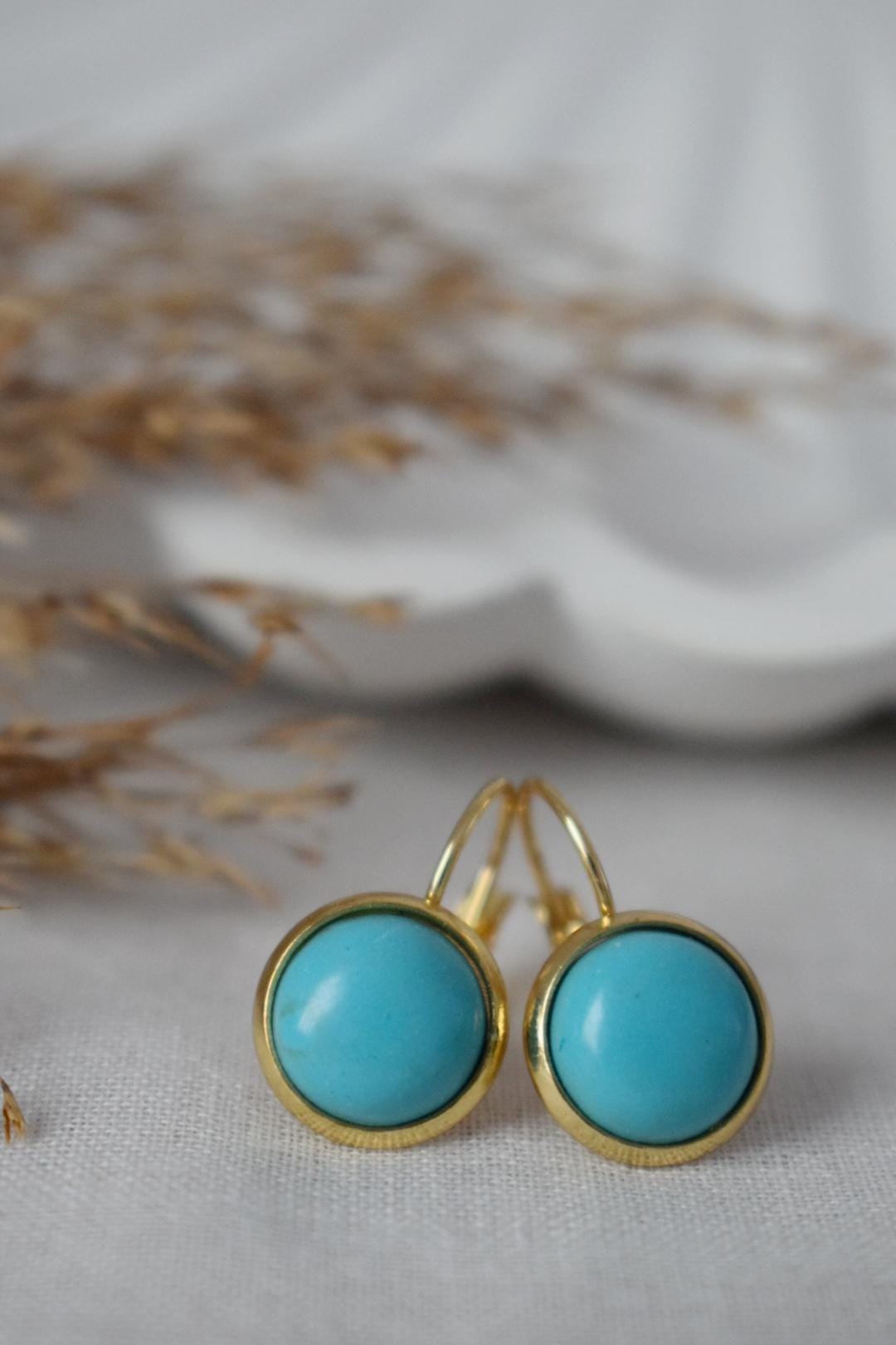 Turquoise earrings dangle, Round Blue Gemstone, 18k gold plated stainless steel, Lightweight earrings, Boho Jewelry women, Gift For Her