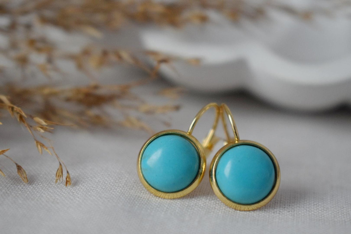 Turquoise earrings dangle, Round Blue Gemstone, 18k gold plated stainless steel, Lightweight earrings, Boho Jewelry women, Gift For Her