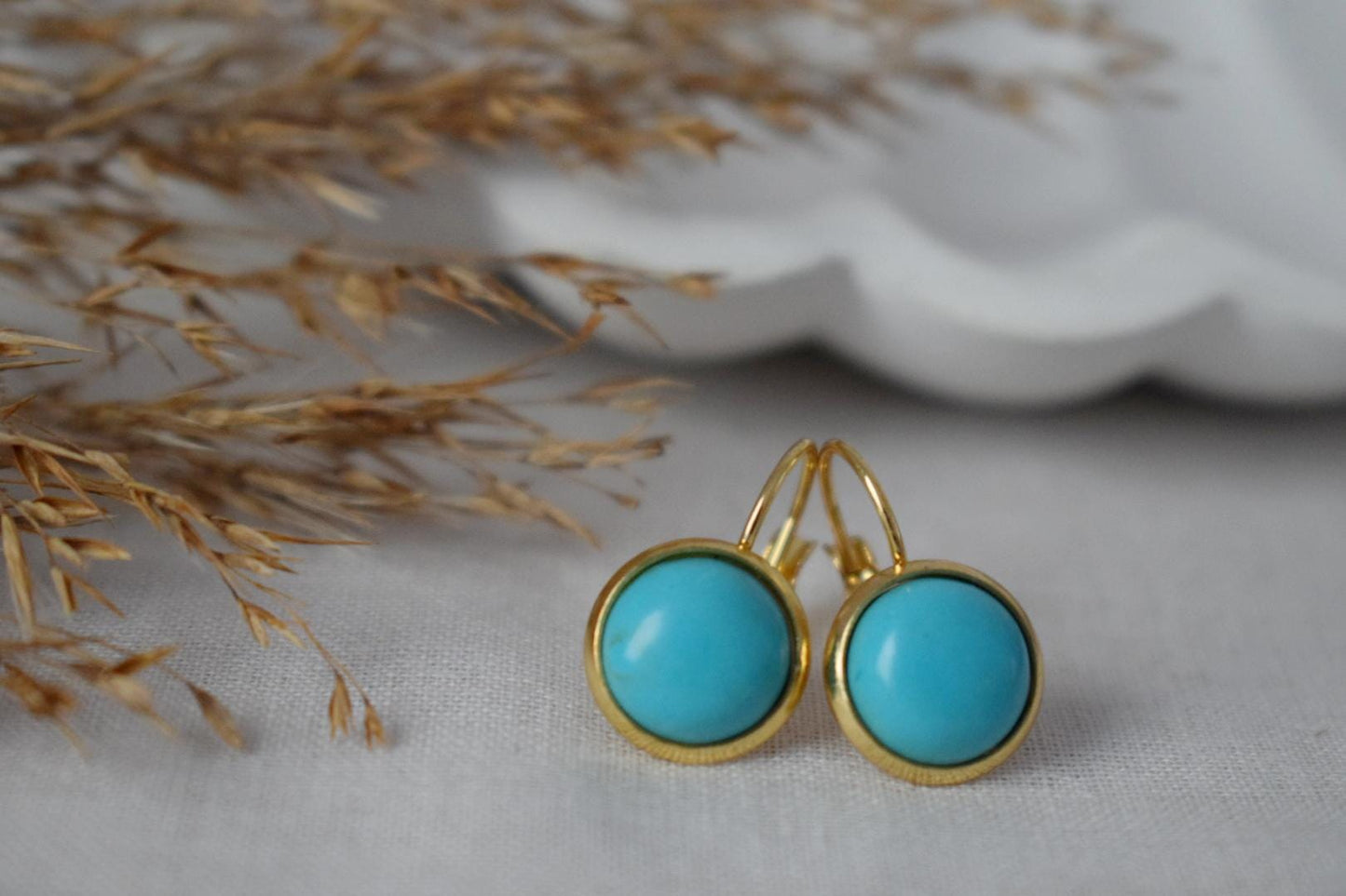 Turquoise earrings dangle, Round Blue Gemstone, 18k gold plated stainless steel, Lightweight earrings, Boho Jewelry women, Gift For Her