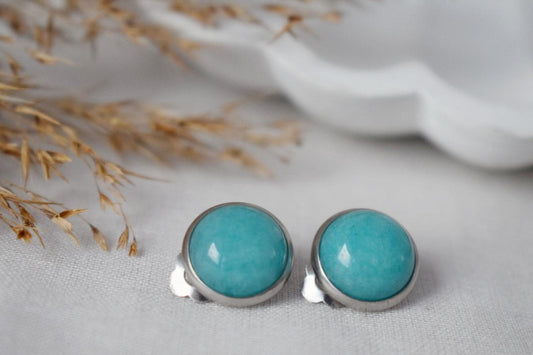 Clip on earrings Jade Turquoise, Non pierced gemstone ear clips for women, Surgical stainless steel, No hole, Handmade jewelry, Gift for her