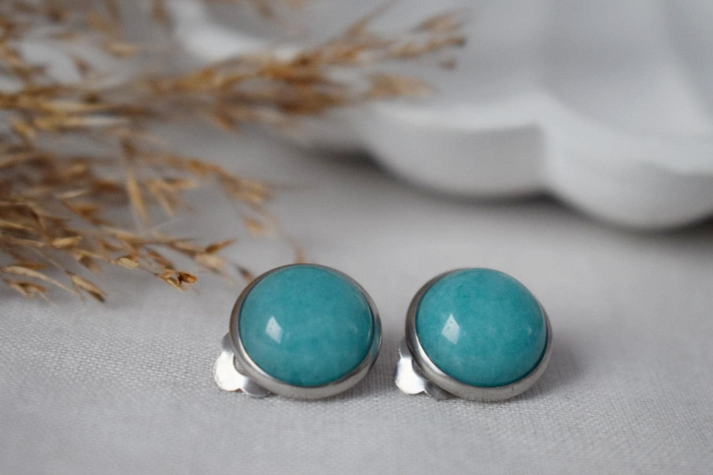 Clip on earrings Jade Turquoise, Non pierced gemstone ear clips for women, Surgical stainless steel, No hole, Handmade jewelry, Gift for her