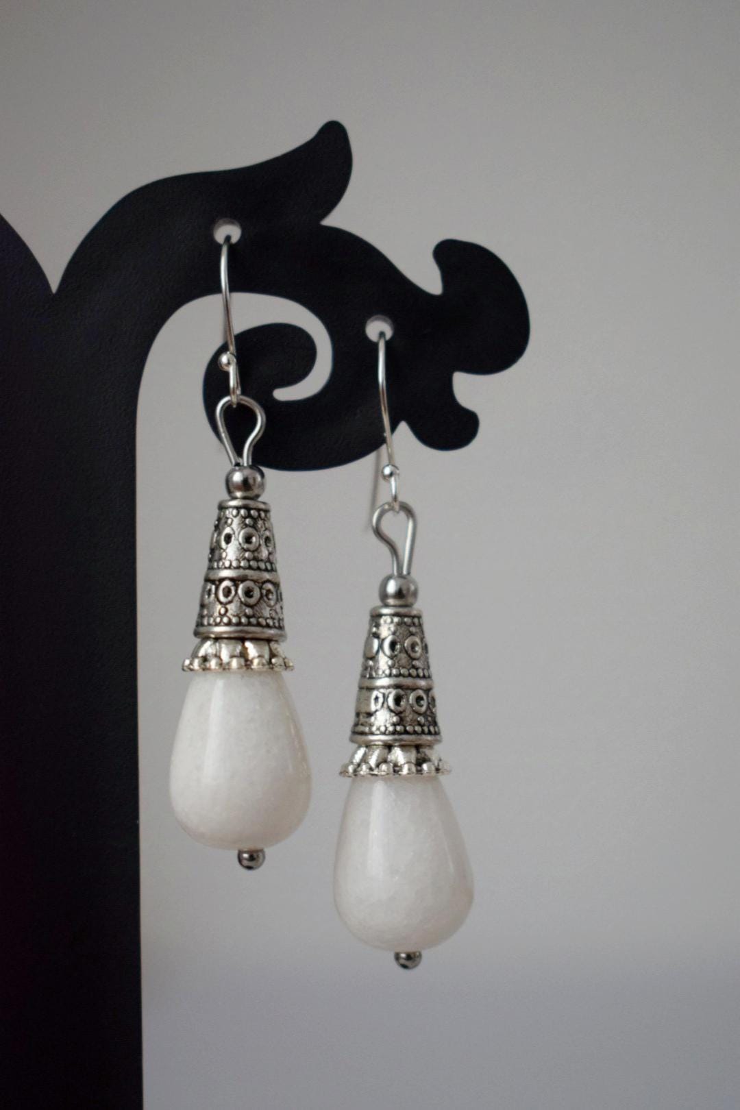 White Jade Teardrop Earrings Gift For Women, Vintage, Sterling Silver Dangle Drop Earrings, Boho Chic Earrings, Gemstone Handmade Jewelry