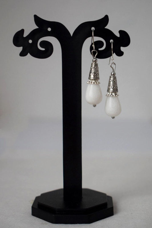 White Jade Teardrop Earrings Gift For Women, Vintage, Sterling Silver Dangle Drop Earrings, Boho Chic Earrings, Gemstone Handmade Jewelry
