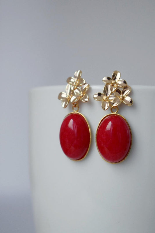 Red jade earrings with 18K gold plated flower stud earrings, Elegant dangle drop gemstone earrings, Art deco jewelry for women, Unique gift