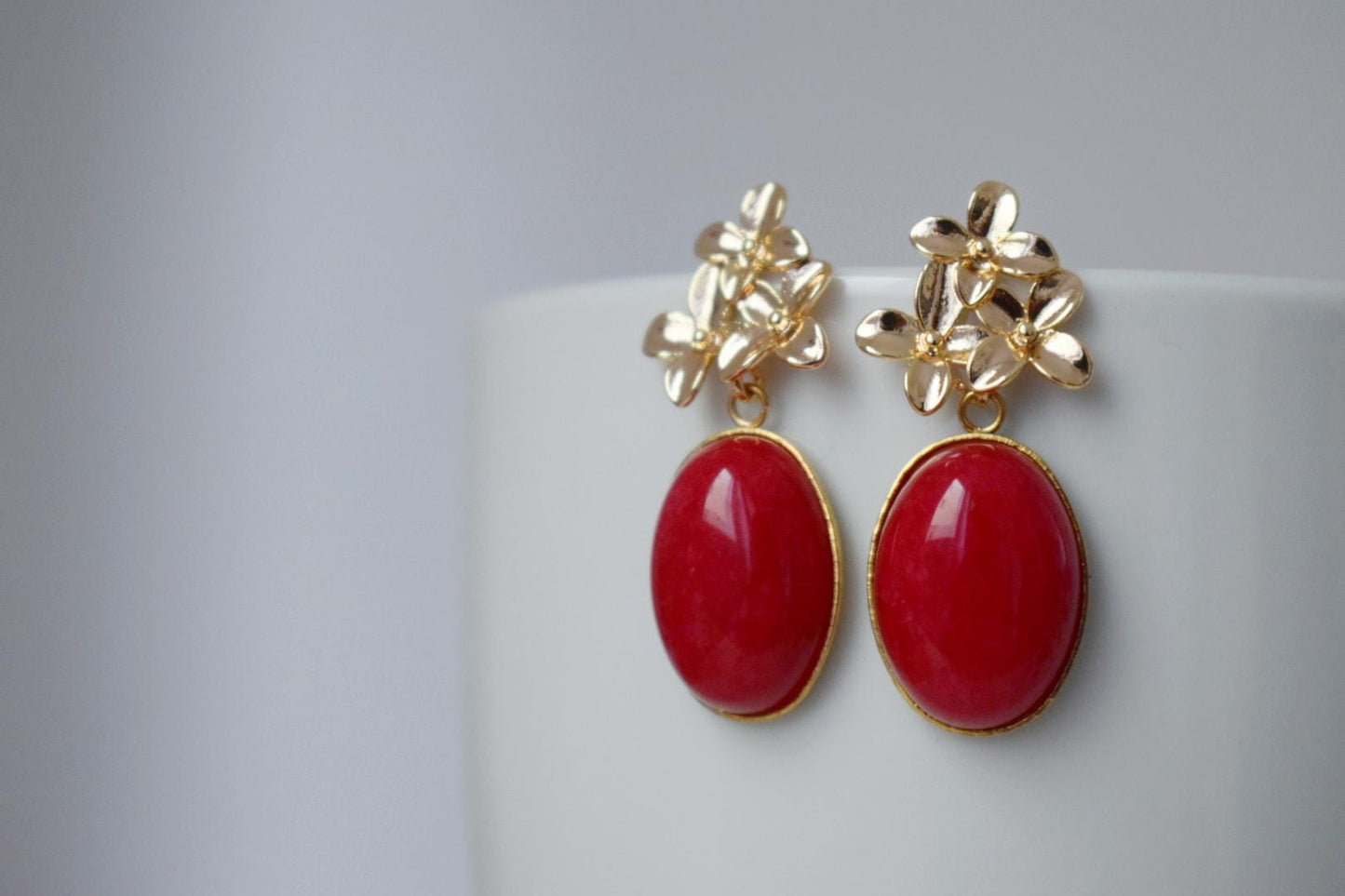 Red jade earrings with 18K gold plated flower stud earrings, Elegant dangle drop gemstone earrings, Art deco jewelry for women, Unique gift