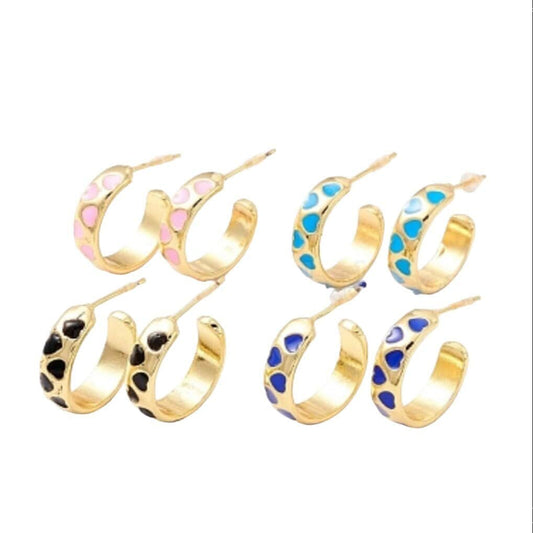 Half open hoop heart pattern enamel stud earrings, Half circle, C shape, Semicircle, 18k gold plated, Modern statement Hoops, Gift for her