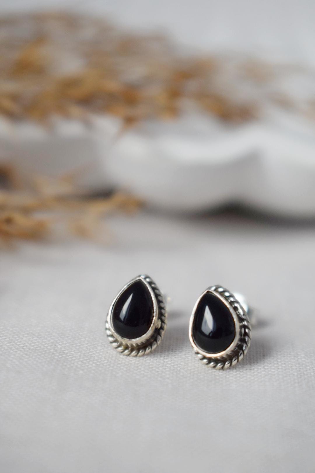 Small Boho Black Onyx Stud Earrings, Teardrop Natural Stone Sterling Silver Jewelry, Gemstone Studs, Best Handmade Gift, Unisex Earrings