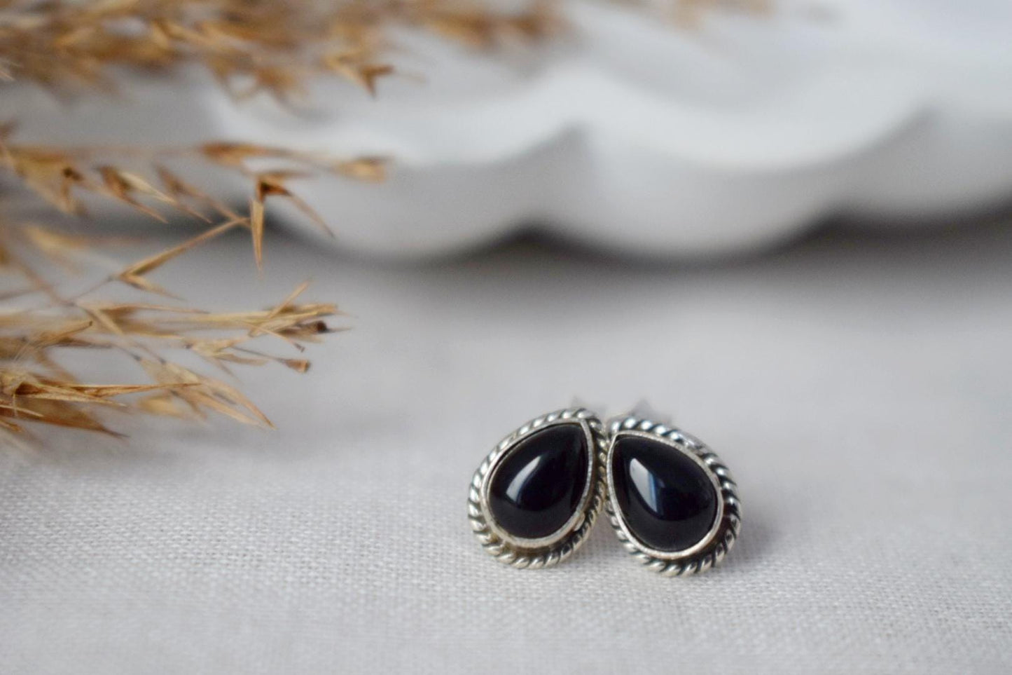 Small Boho Black Onyx Stud Earrings, Teardrop Natural Stone Sterling Silver Jewelry, Gemstone Studs, Best Handmade Gift, Unisex Earrings