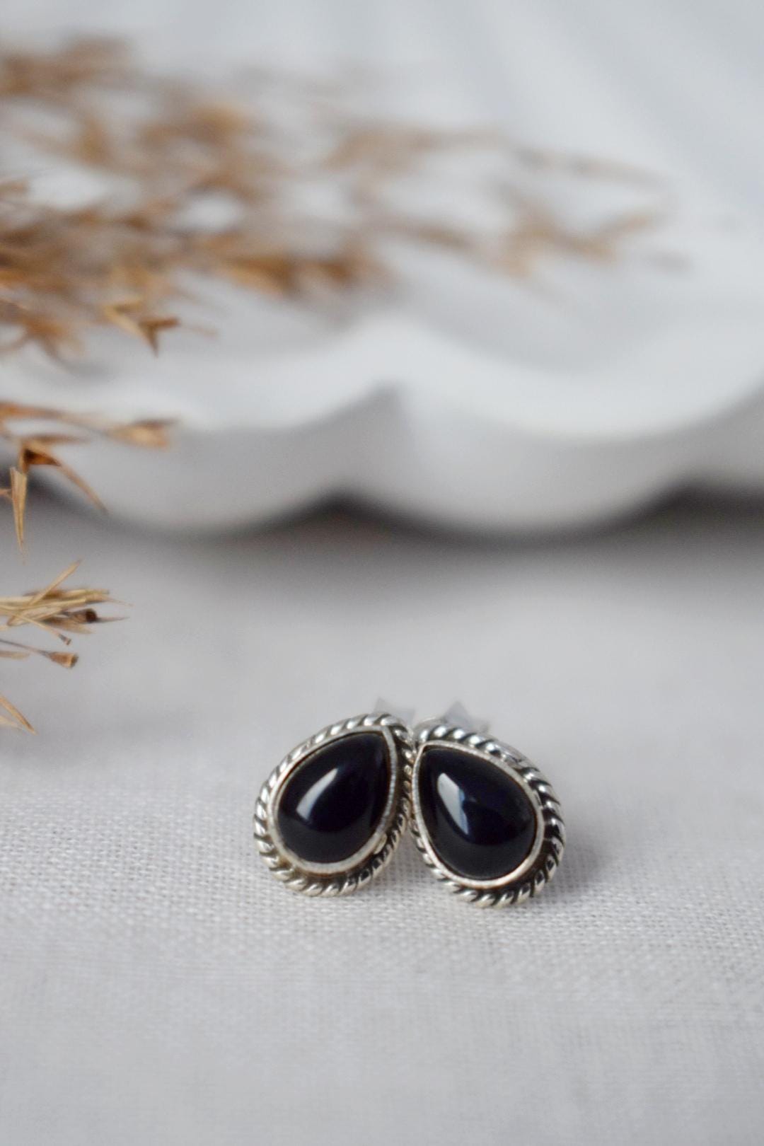 Small Boho Black Onyx Stud Earrings, Teardrop Natural Stone Sterling Silver Jewelry, Gemstone Studs, Best Handmade Gift, Unisex Earrings