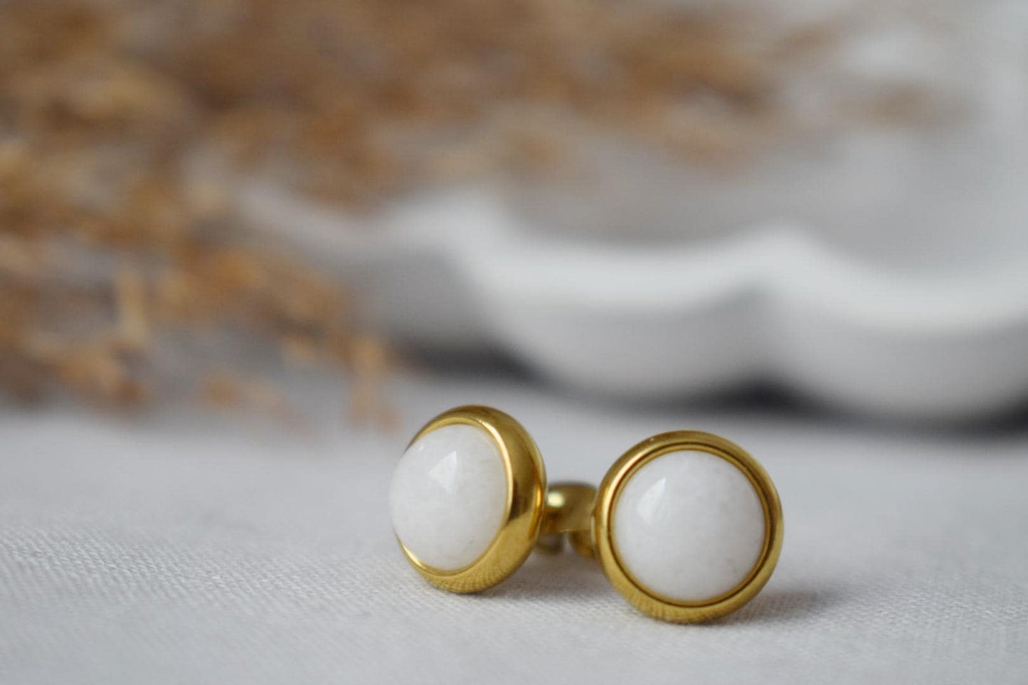 Mini Gemstone Stud Earrings, White jade studs, 6mm golden Push-back Earrings, Small round earrings, Minimalist jewelry, Mother's day gift