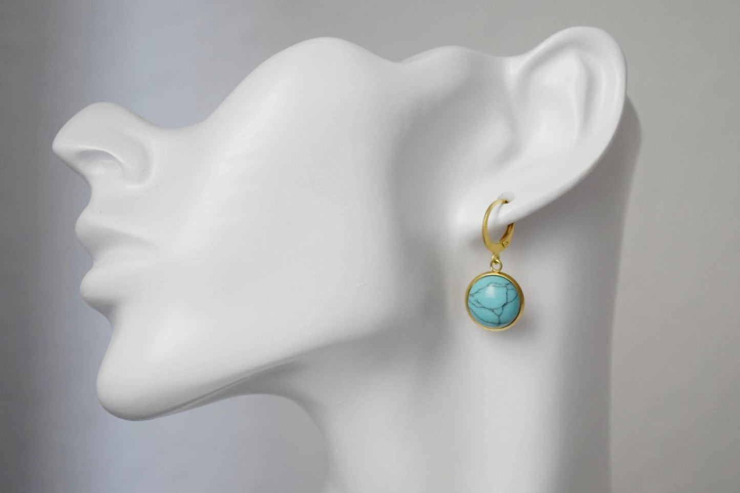 Turquoise earrings gold dangle, 24k Gold Plated Huggies, Round Gemstone Lever Back Hoop Earrings, Boho Jewelry, Gift For Her