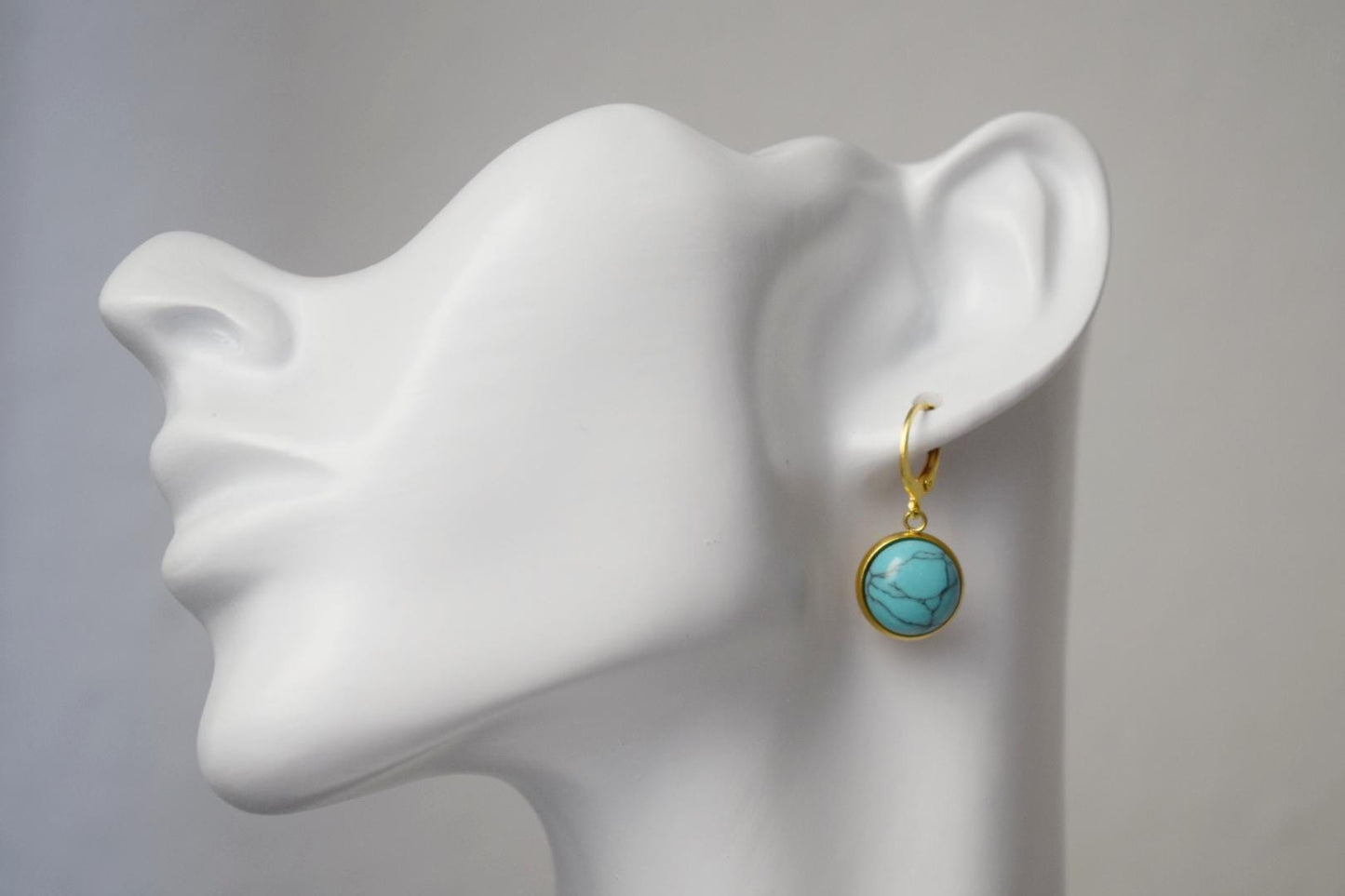 Turquoise earrings gold dangle, 24k Gold Plated Huggies, Round Gemstone Lever Back Hoop Earrings, Boho Jewelry, Gift For Her