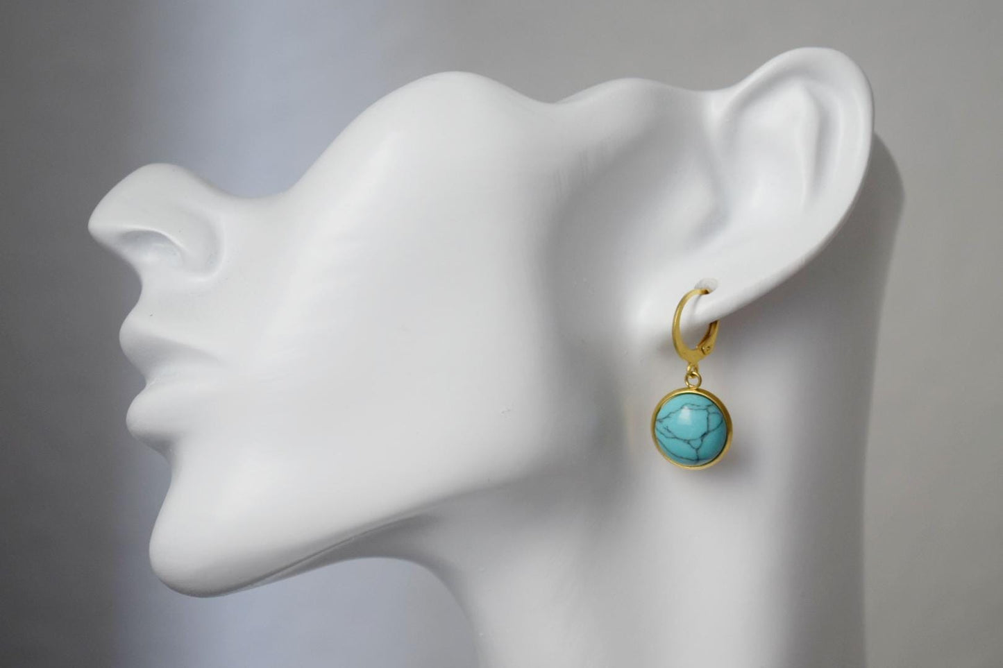 Turquoise earrings gold dangle, 24k Gold Plated Huggies, Round Gemstone Lever Back Hoop Earrings, Boho Jewelry, Gift For Her