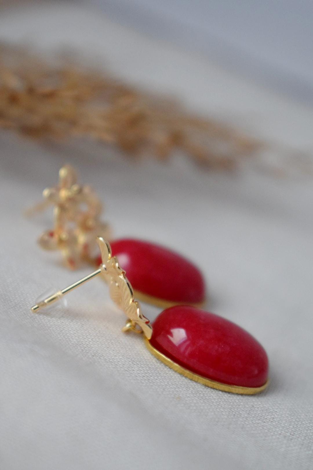 Red jade earrings with 18K gold plated flower stud earrings, Elegant dangle drop gemstone earrings, Art deco jewelry for women, Unique gift