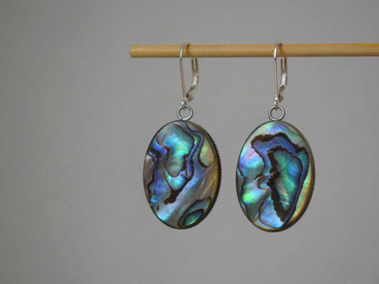 Abalone dangle earrings, Sterling silver huggie hoops, Paua shell, Long statement oval earrings, Colorful jewelry, Mother's day gift